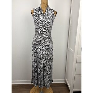 Talbots Shirtdress Small Maxi Full Button Belted Black White Sleeveless A-line